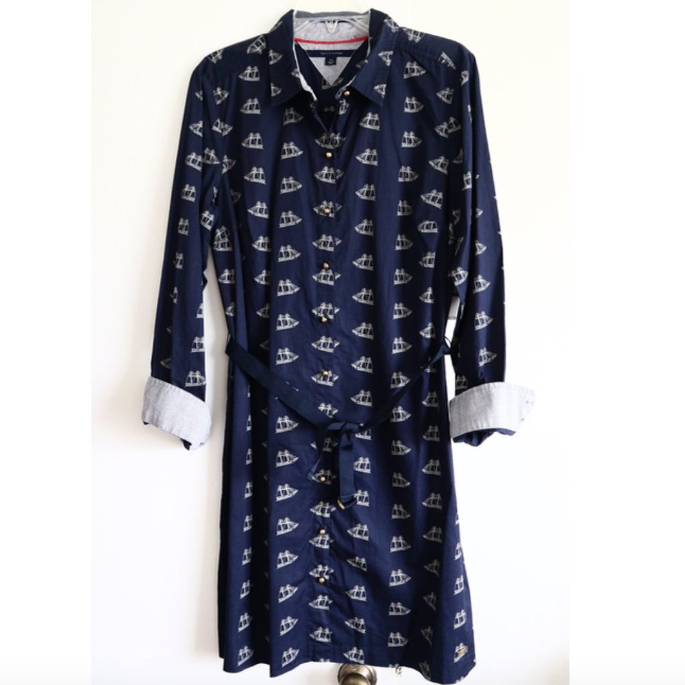 Tommy Hilfiger Shirtdress Button Down Shirt Dress Blue 100% Cotton Sailing Ship - Picture 2 of 7